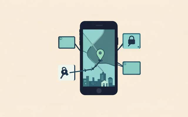 GPS 지도 경로와 자물쇠, 4개 채널 패널 일러스트