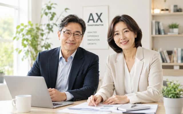 AX Transformation 보드 앞에서 노트북을 펴고 기업을 진단하는 컨설턴트 두 명