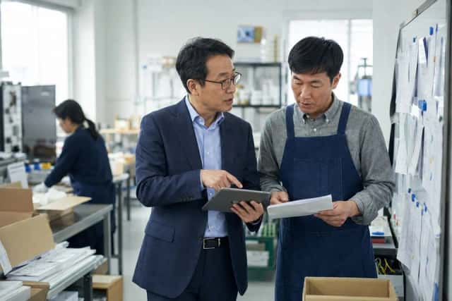 작업 현장에서 실무자와 함께 업무 자료를 살피는 모습