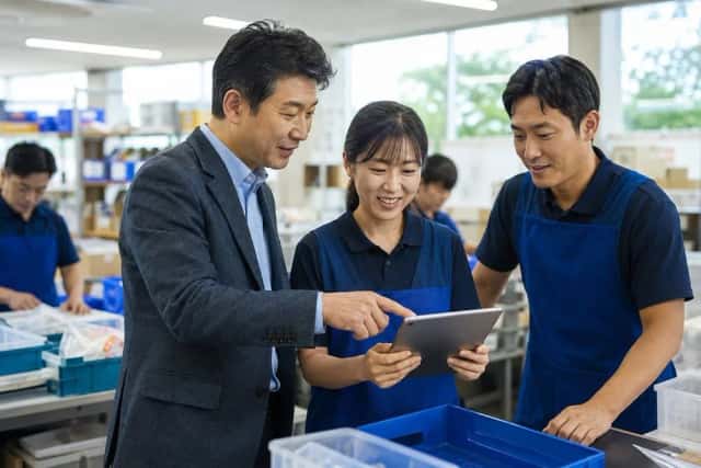 작업 현장에서 직원들과 태블릿으로 시스템을 함께 확인하는 FDE