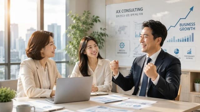 성과 그래프 앞에서 기업 담당자와 컨설턴트가 결과를 함께 확인하는 장면